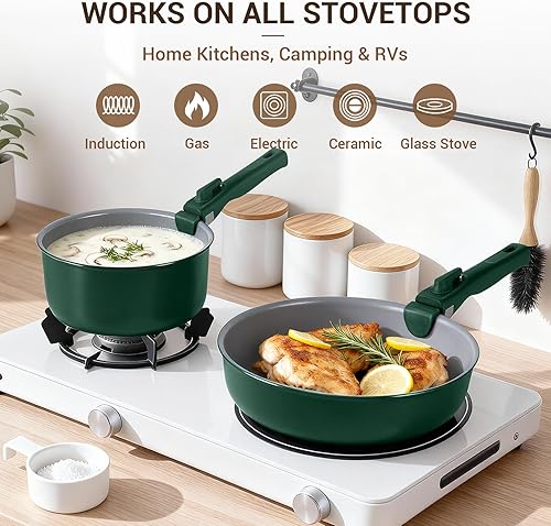 Miniatura 5 de Ammeloo Juego de utensilios de cocina de cerámica antiadherentes, juego de ollas y sartenes de inducción de cocina saludable con asas desmontables,