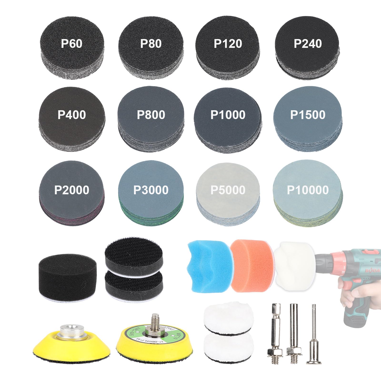 耐水ペーパー 50mm 193枚 サンドペーパー ウェット＆ドライ両用 耐水サンドペーパーセット 6.35mm 5.8mm 3.18mmアダプター付き