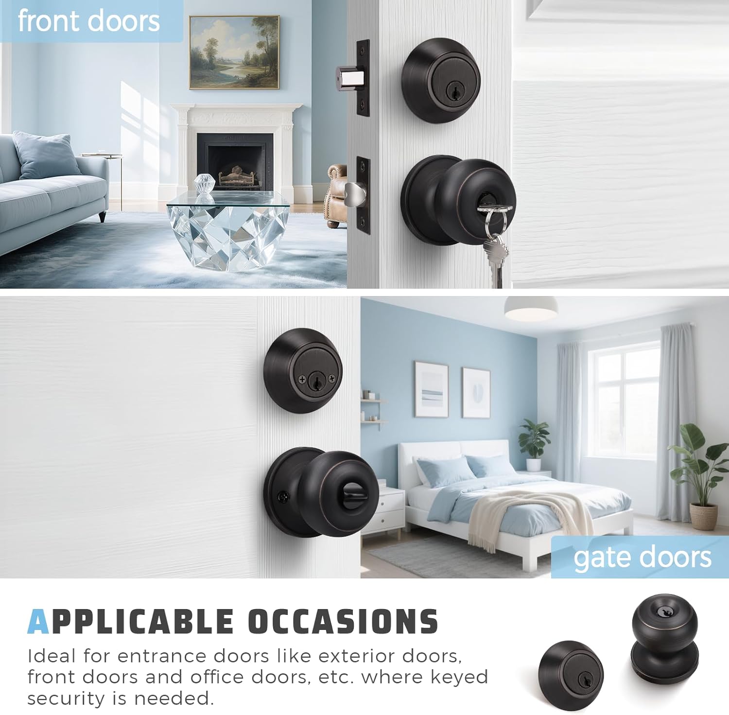 KNOBWELL 4 Pack Keyed Alike Door Knob and Double Cylinder Deadbolt Set, Exterior Door Lock Set, Double Keyed Door Knob, Oil Rubbed Bronze Front Door Lock