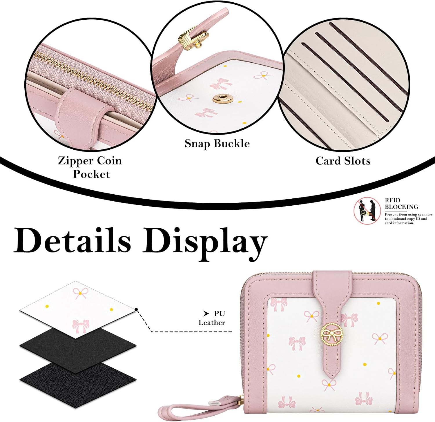 BIAOTIE Cute Bow Womens Wallet Bifold Zipper Around Wallet for Women Credit Card Holder Purse for Girl Aesthetic Leather Card Holder Purse