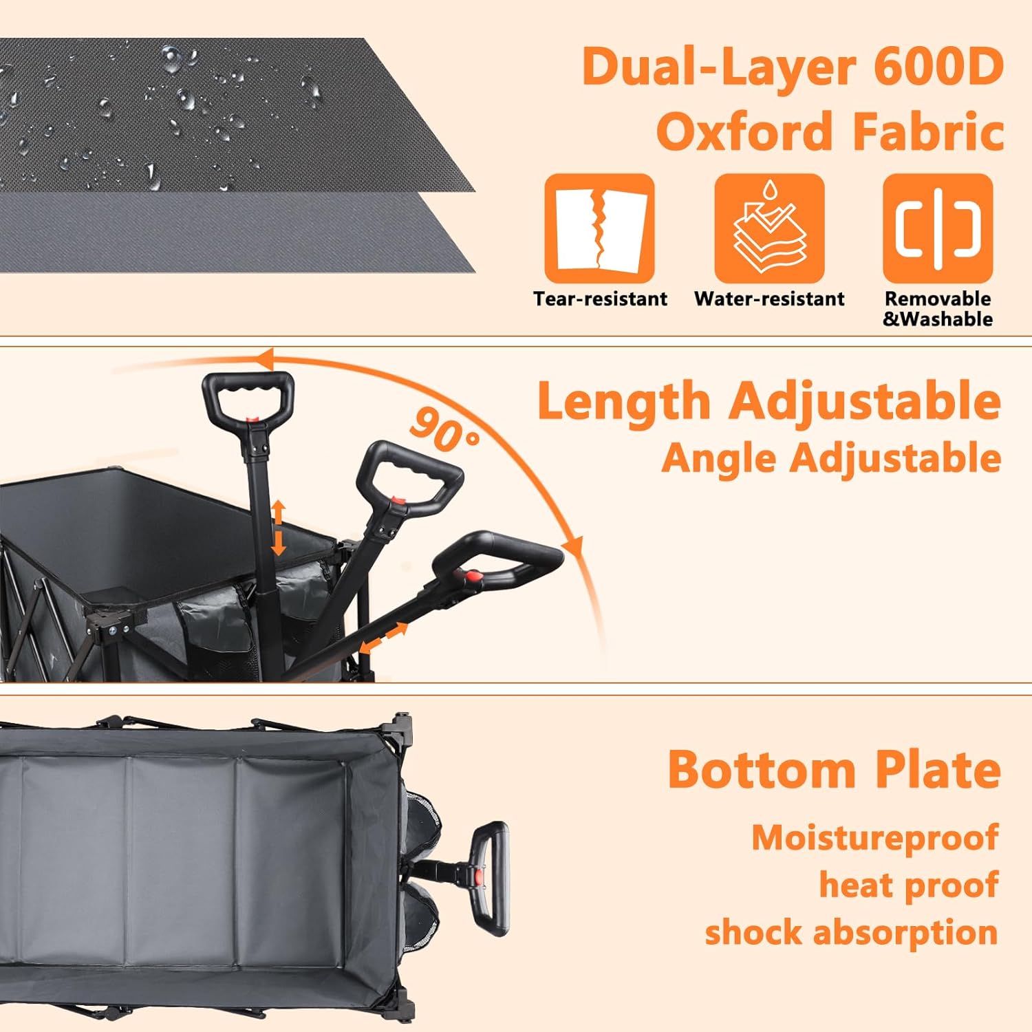 42 L Collapsible Foldable Wagon, 500LB Weight Capacity with 220L Heavy Duty Folding Wagon,Utility Wagon with Big All-Terrain Beach Wheel, Drink Holders 2 Bungee Cords,Black