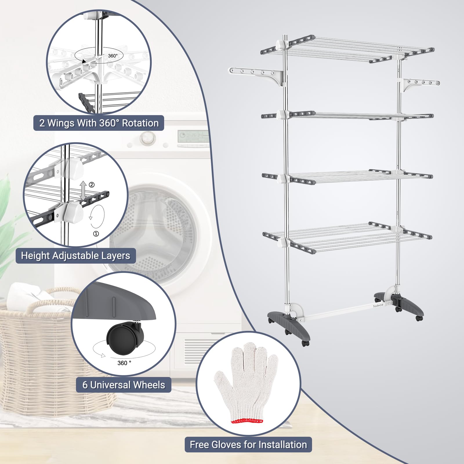 Todeco Séchoir à Linge Pliant intérieur, Etendoir à Linge à 4 Niveaux, Gris
