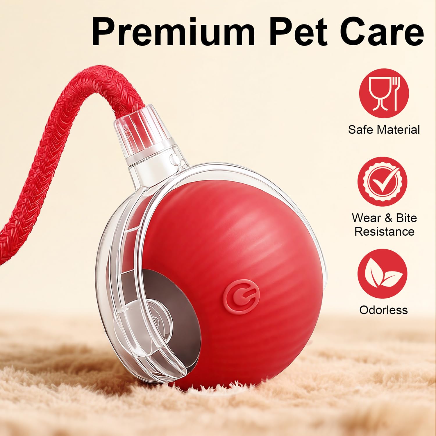 Interactive Electric Automatic Rolling Moving USB Rechargeable Self Activated Play Stimulation Toy Smart Chase Teaser Ball with Speedy Tail Rope for Bored Adult Indoor Cats and Dogs, Red - image 5