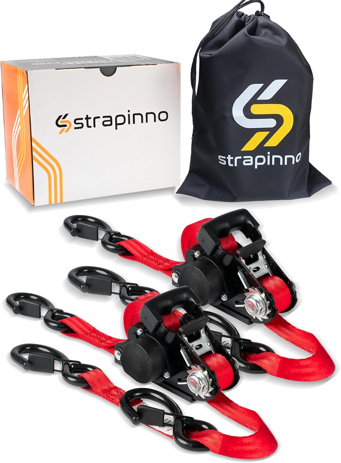 Strapinno Retractable Ratchet Straps - 1 in x 15 ft Heavy Duty Jetski Tie Down Strap, 2 pcs. with 3000lbs Breaking Strength, S Hooks with Safety Clip, for Jetskis, Seadoo, Waverunner, and PWCs