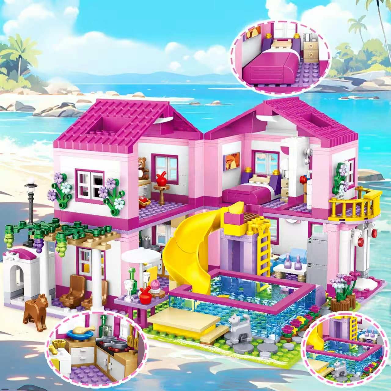 Toy Player Pink Sommer Villa Klemmbausteinen Haus Konstruktionsspielzeug für 14+ Erwachsene Liebhaber von Bausteinen 1018PCS