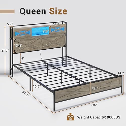 Miniatura 2 de Hasuit Base de cama de granja tamaño Queen con luces LED y estación de carga, cama Queen de plataforma rústica con cabecera de almacenamiento con
