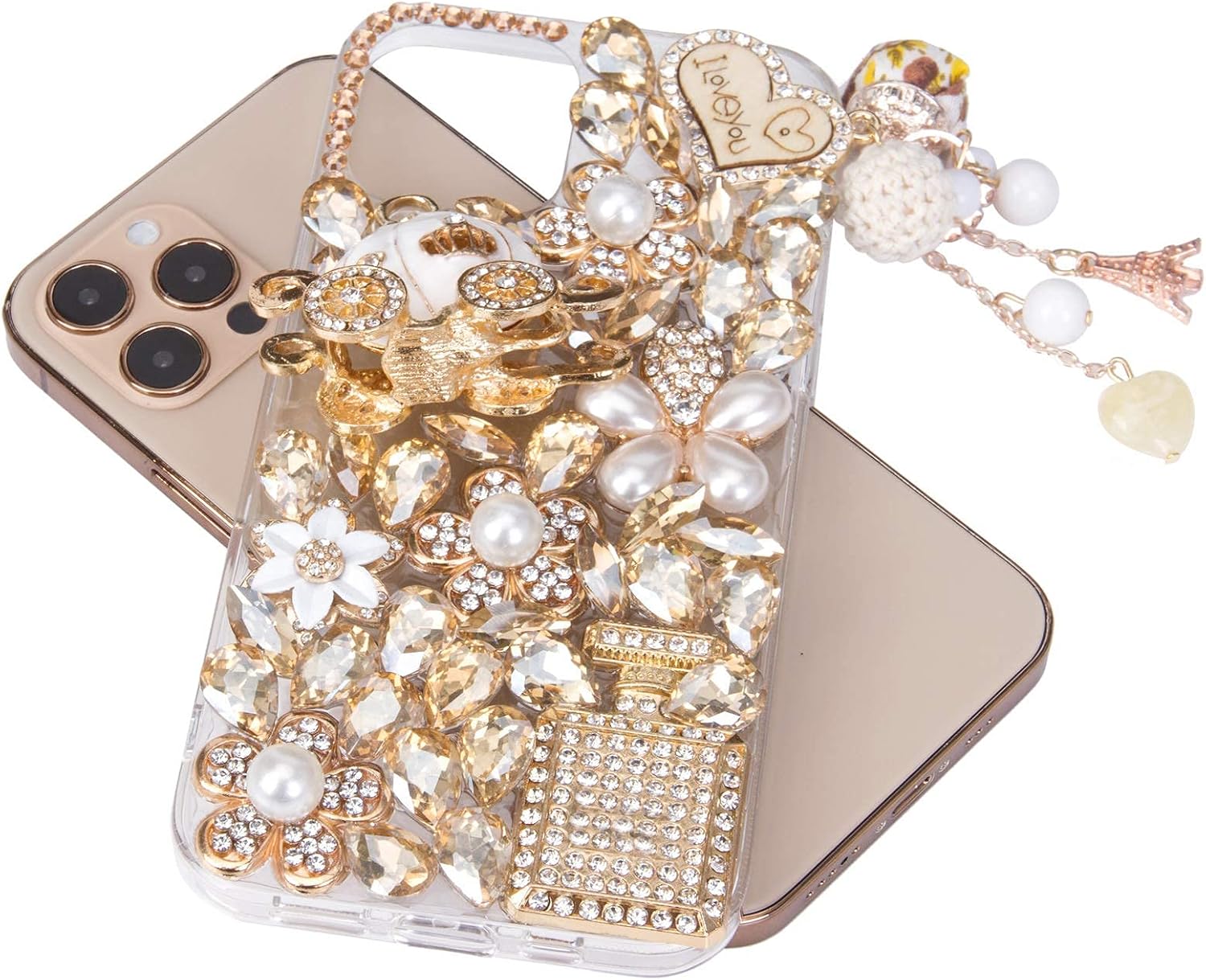 iFiLOVE for iPhone 12 Bling Case, for iPhone 12 Pro Glitter Case, Girls Women Luxury Sparkle Diamond Crystal Rhinestone Pumpkin Car Charm Pendant Case Cover for iPhone 12/12 Pro 6.1 inch (Champagne)