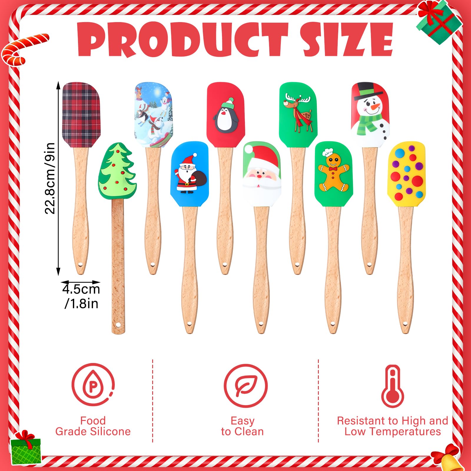 Patelai 10 espátulas de silicona de Navidad con mango de madera, muñecos de nieve, espátulas para panqueques, bonitos raspadores de sartenes, espátulas de cocina para cocina, mezclar y hornear (estilo