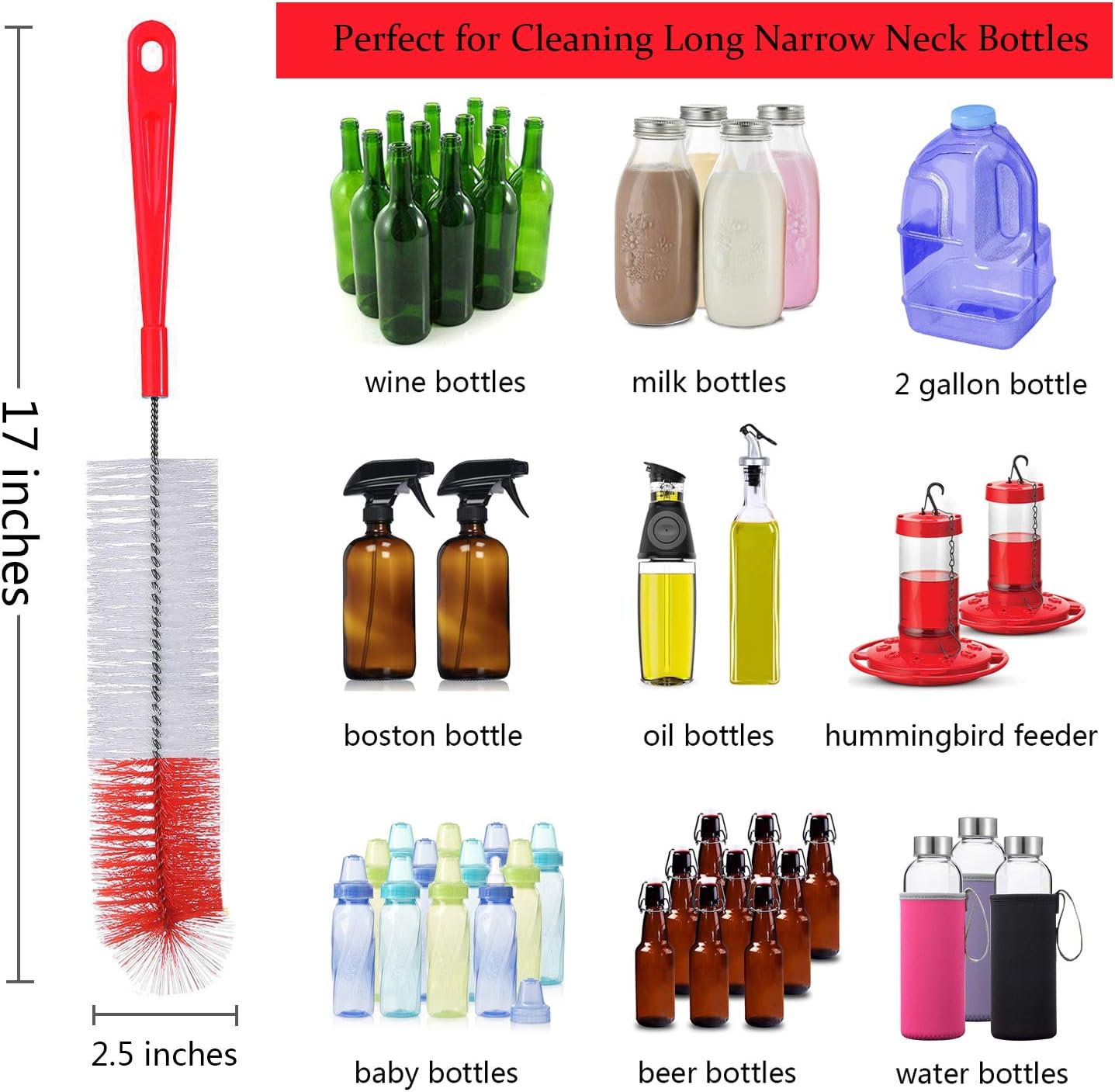 ALINK 5-Pack Red Bottle Brush Cleaner Set - Long Large Cleaing Brush for Narrow Neck Wine/Beer Bottles/ Flask/ Thermos/ Hummingbird Feeder/ Sport Well, Spout/Lid Brush, Straw Brush