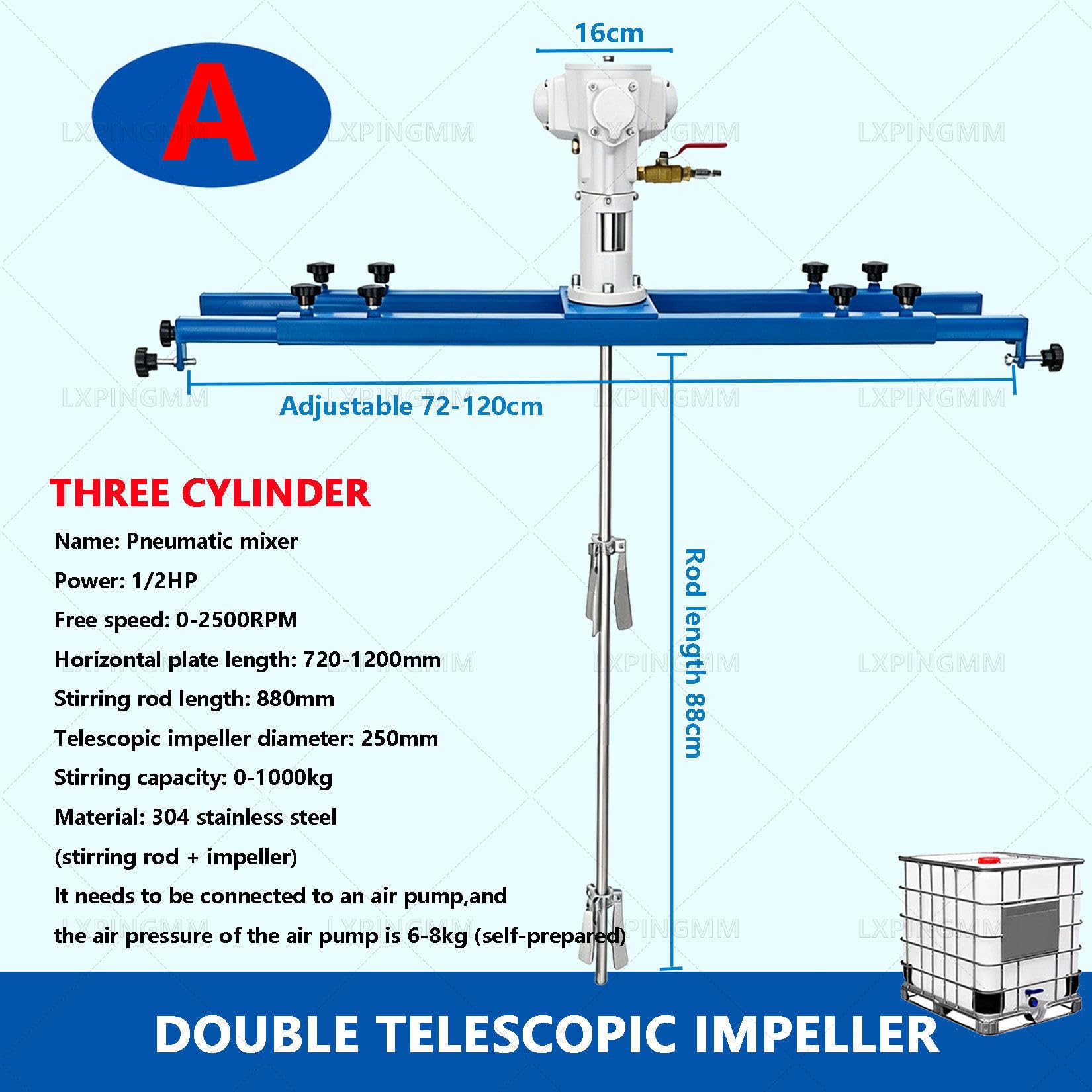 Agitador neumático para Tanques IBC,Mezclador neumático Industrial de 1000 L,con Barra Transversal Ajustable y Eje de Acero Inoxidable,para Pintura,recubrimientos A-3Cylinder