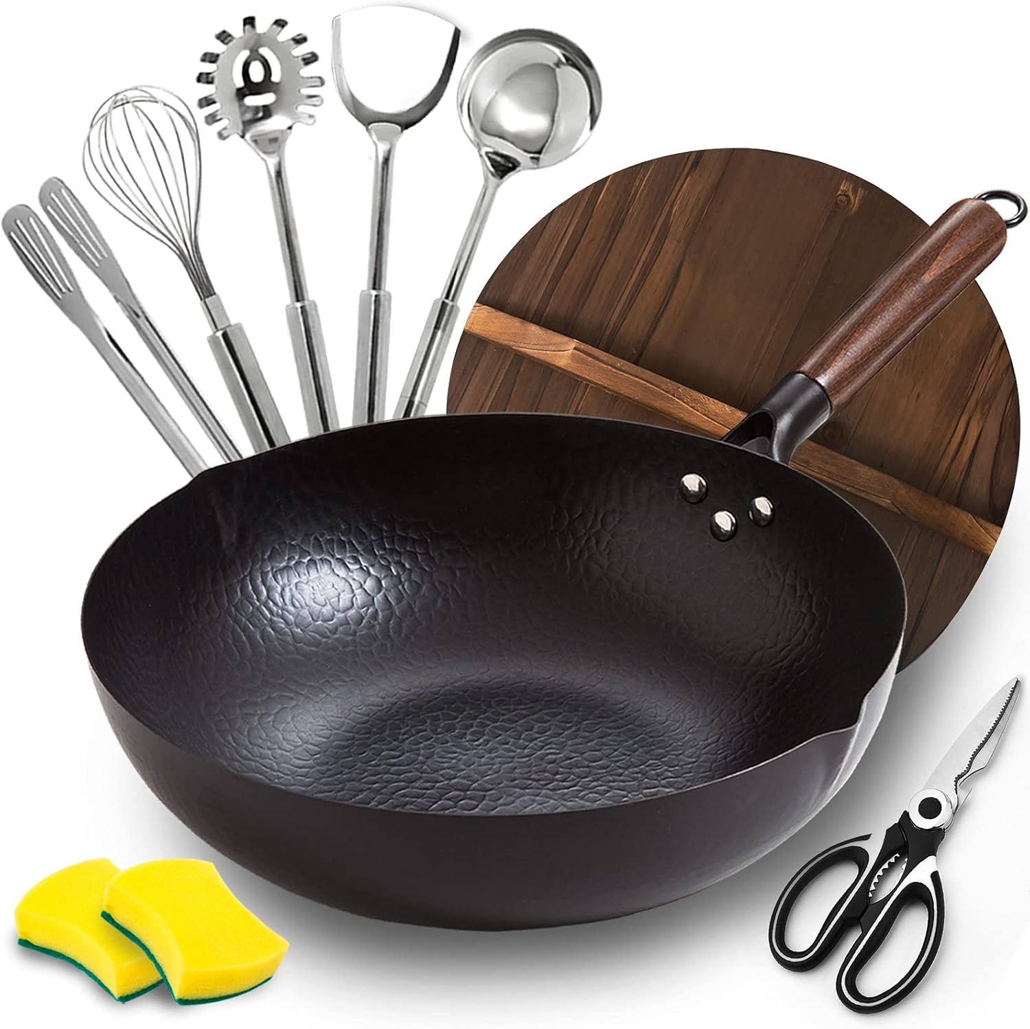BrBrGo Wok Pan, 13" Carbon Steel Wok with Wooden Handle, Flat Bottom Chinese Stir Fry Wok, 10 Pieces Set with Cooking Utensils, Frying Pan for All Stoves: Home & Kitchen