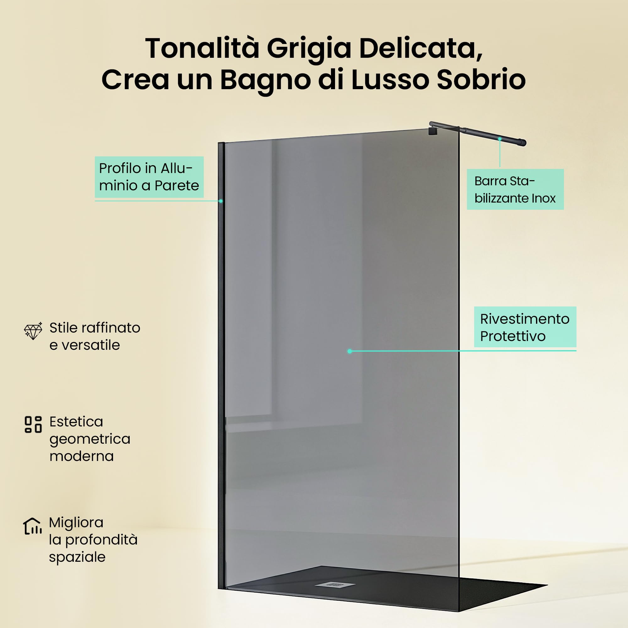 Mai & Mai Box Doccia Walk-In 140x200cm, Parete Doccia in Vetro Grigio 10mm Vetro di Sicurezza ESG con 2 Bracci Sostegni Telescopici MMBR3 Nero