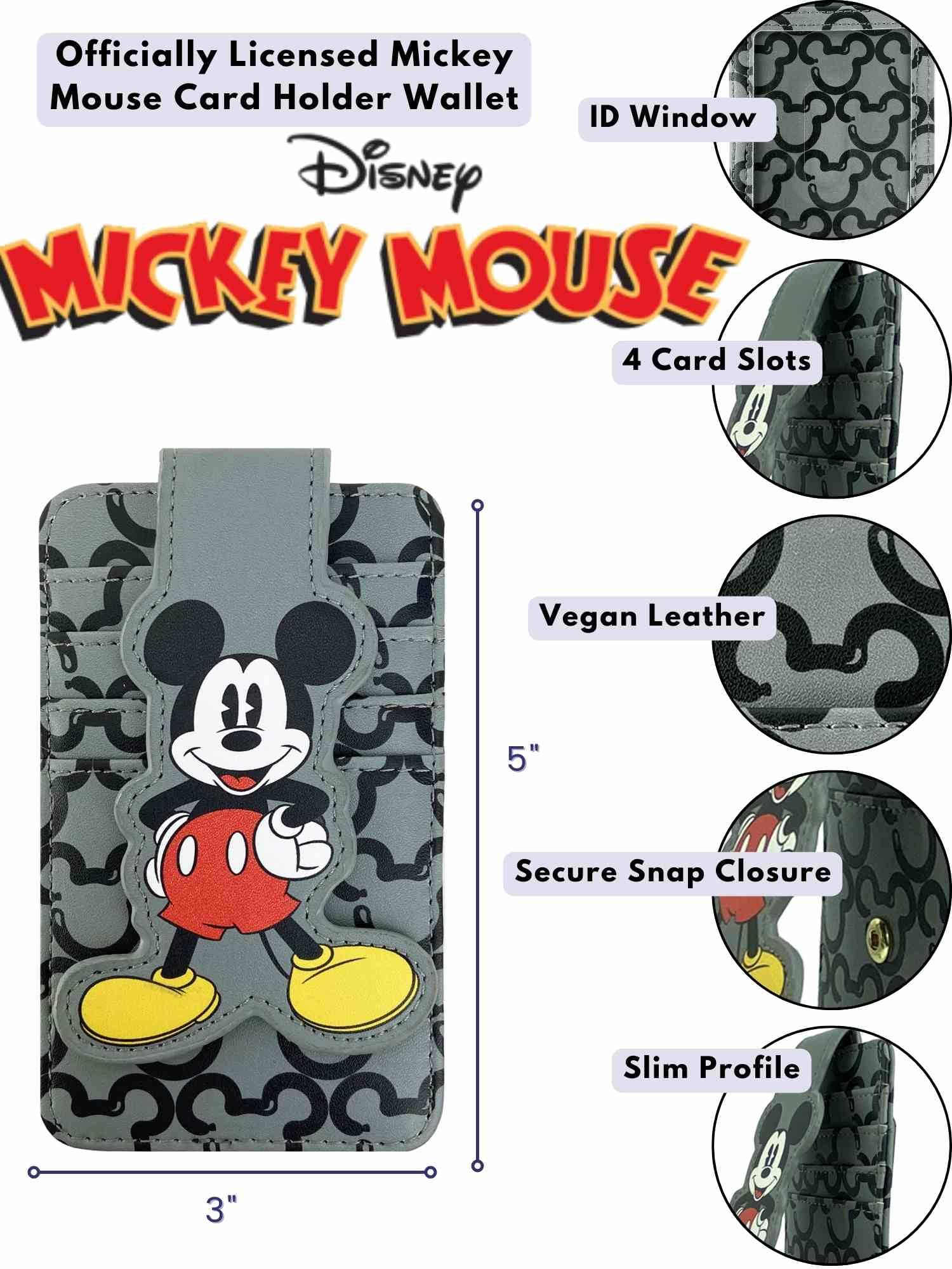 Disney Kartenetui für Damen, schmal, klein, Micky Maus, Grau