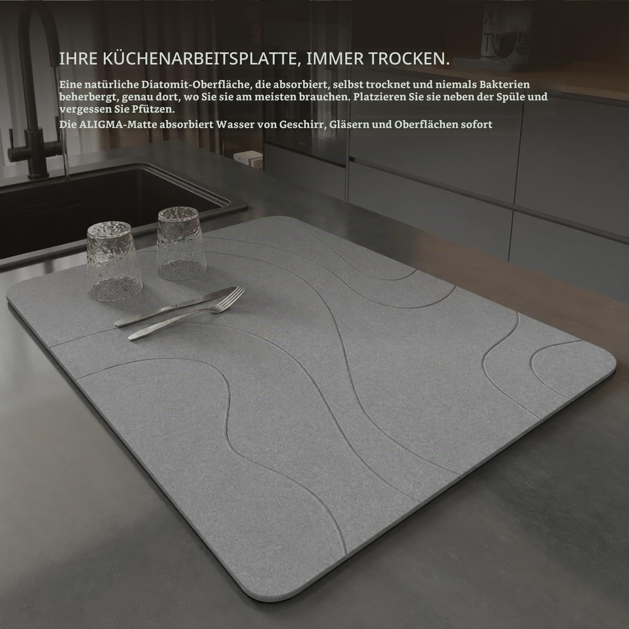 ALIGMA Diatomit Badematte 45x75cm rutschfest Schnelltrocknend Badteppich | Badvorleger, Duschvorleger, Badezimmerteppich & Steinteppich aus Kieselgur, saugfähig, waschbar, für Bad, Küche & Dusche