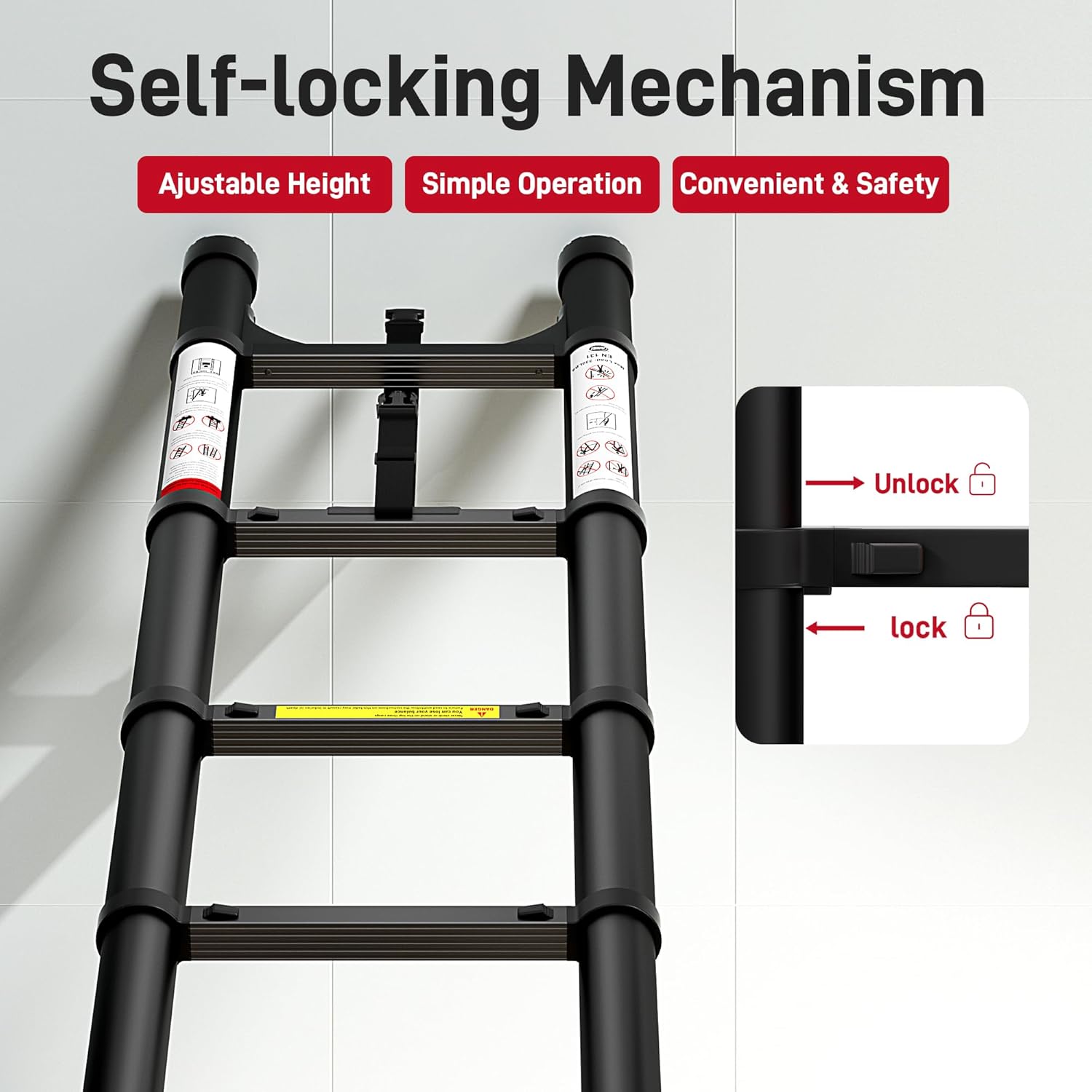 Telescoping Ladder 12.5 FT,CE ANSI Certified Aluminum Extension Ladder with 2 Triangular Stabilizers,330 lbs Max Capacity Multi-Purpose Portable Collapsible Ladder for RV,Outdoor Work Black