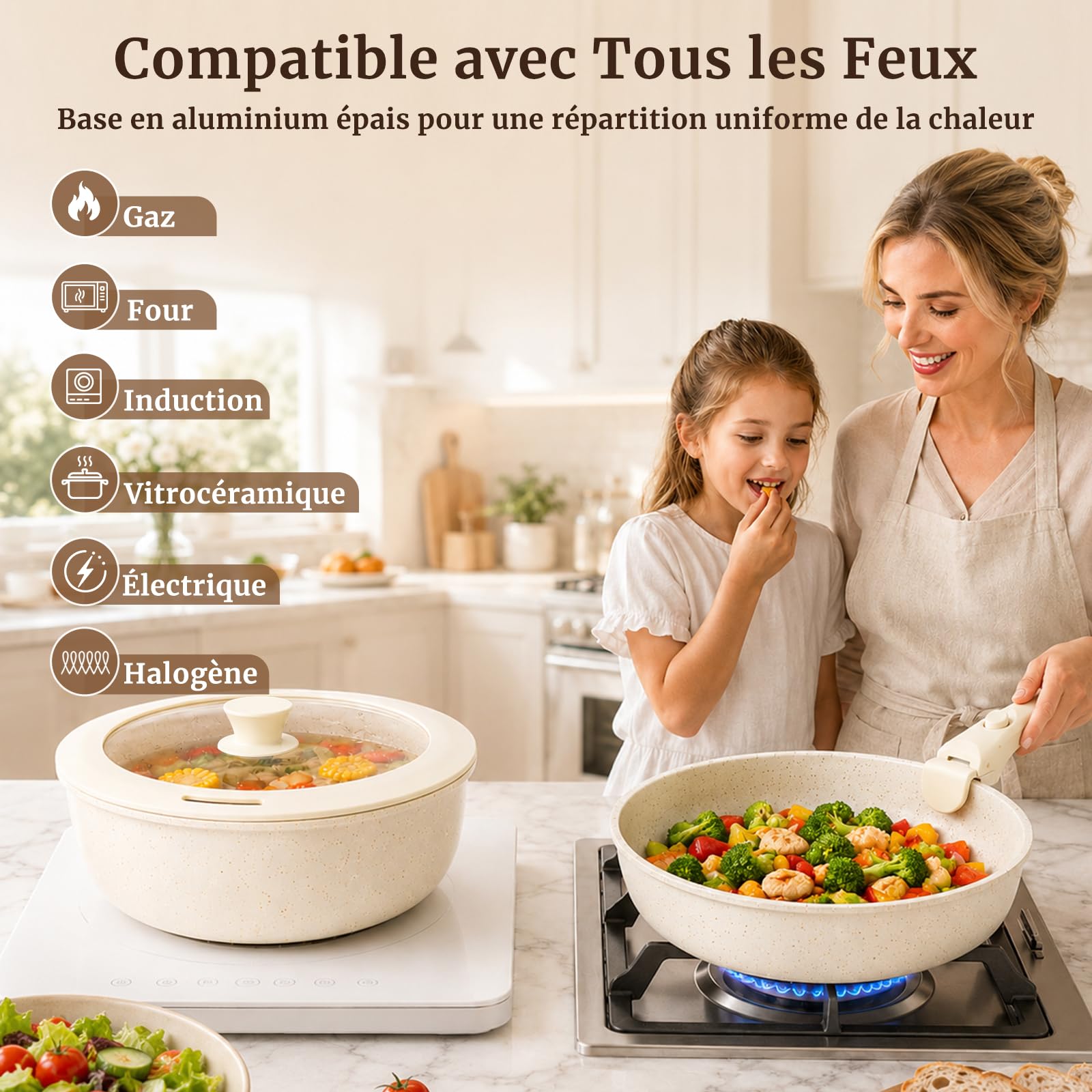 YASHE Batterie de cuisine 21 pièces, non toxique, sans PTFE ni PFAS | Non Toxique Set de Poêles et Casseroles en Granit, Compatibles Induction et Four, Empilable Gain de Place