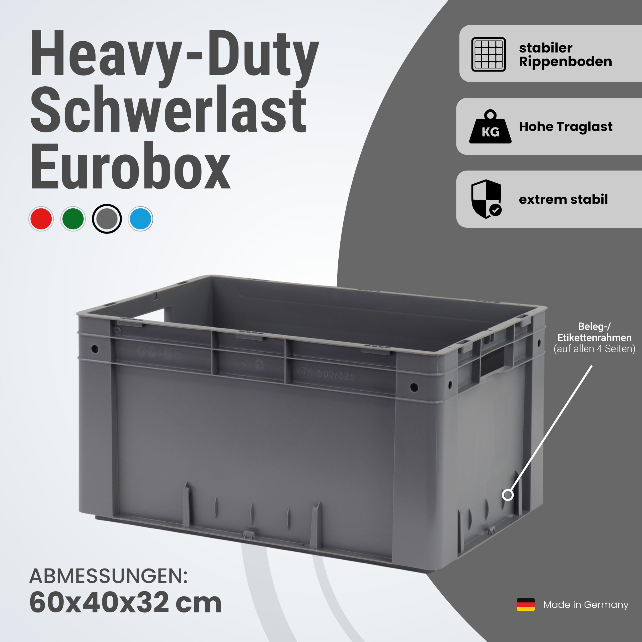 1a-TopStore Schwerlast Heavy-Duty Eurobox/Eurobehälter | massiver Rippenboden | stapelbar | mit Hohlkammerverstärkung | extrem hohe Traglast (grau, 60x40x32 cm)