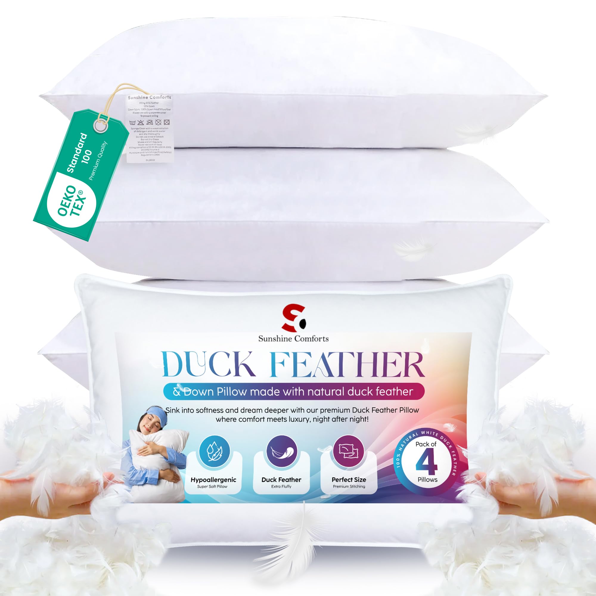 Duck Feather Pillows (4 Pack) – Hotel Quality Bed Pillows for Sleeping (50X75CM) , Soft & Breathable Pillow 1200GSM for Back, Side & Stomach Sleepers – Washable & Anti-Allergenic Comfort