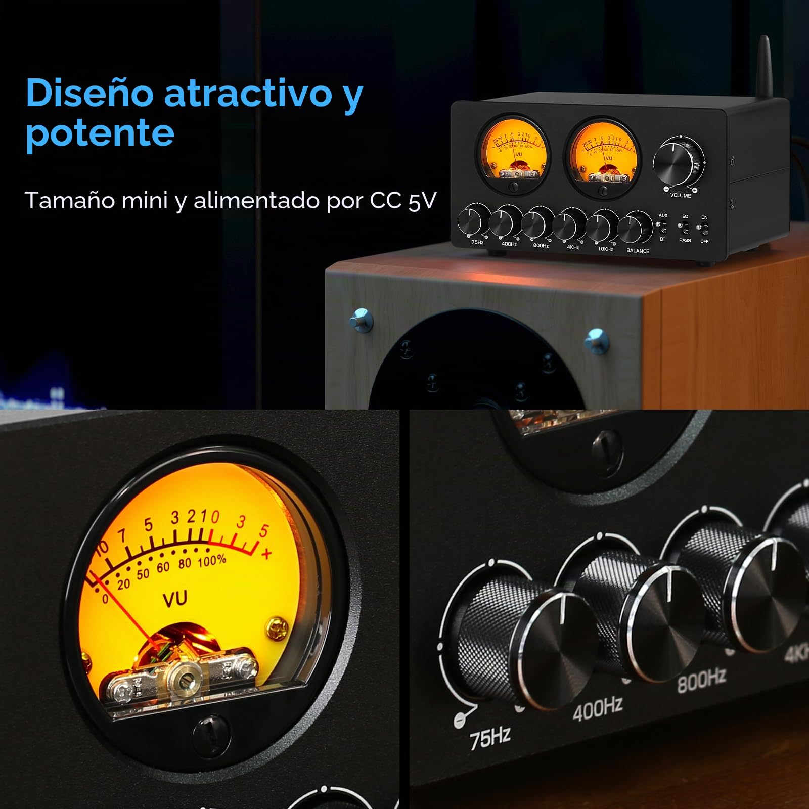 Douk Audio Ecualizador de 5 Bandas Bluetooth EQ Preamplificador para Estéreo Doméstico/Altavoz de Computadora/Amplificador con Medidor VU (EQ5 PRO)