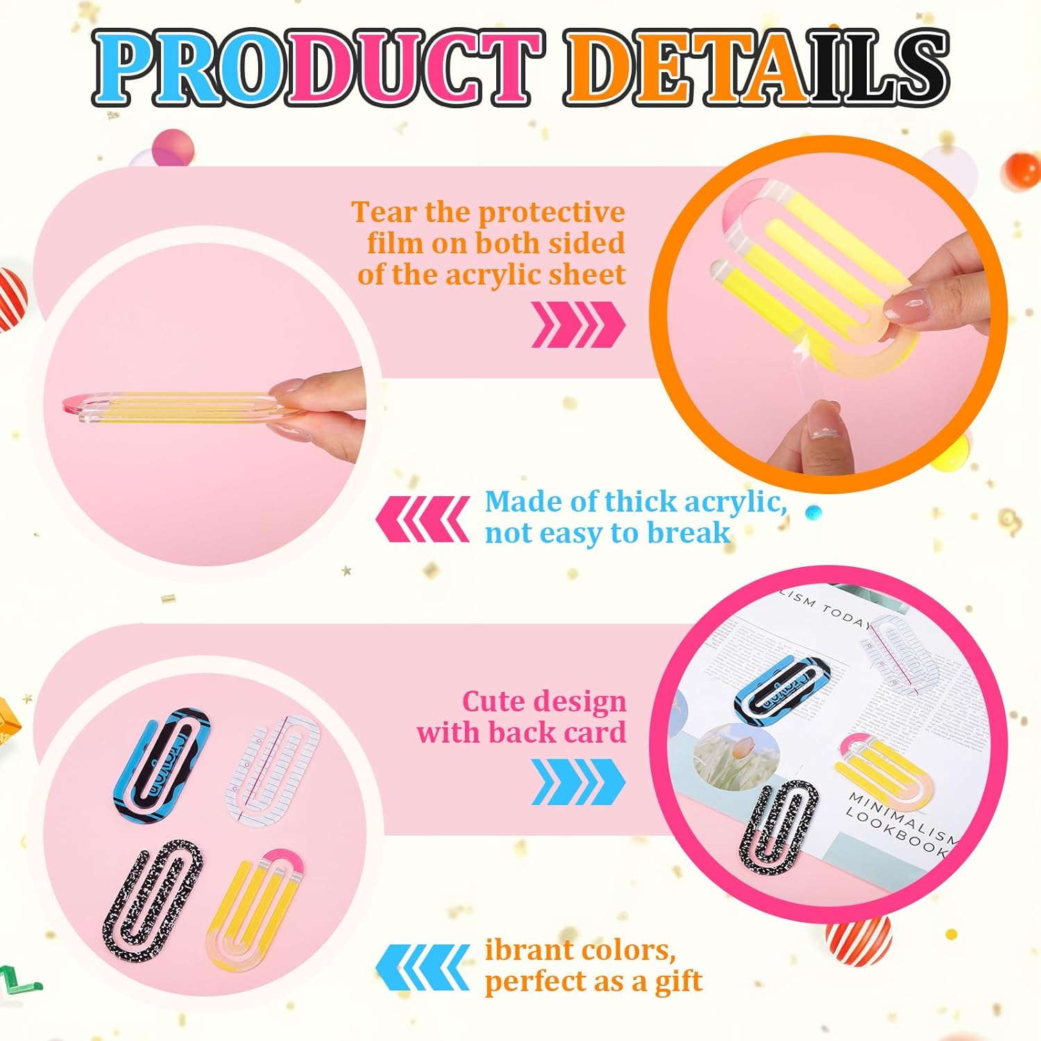 AmazingSpark 48 Pcs Teacher Appreciation Gifts Jumbo Acrylic Paper Clips Teacher Gift Bulk Office Bookmark Operation Cute 4 Inch Large Paperclip Classroom School Supplies (Mixed Style)