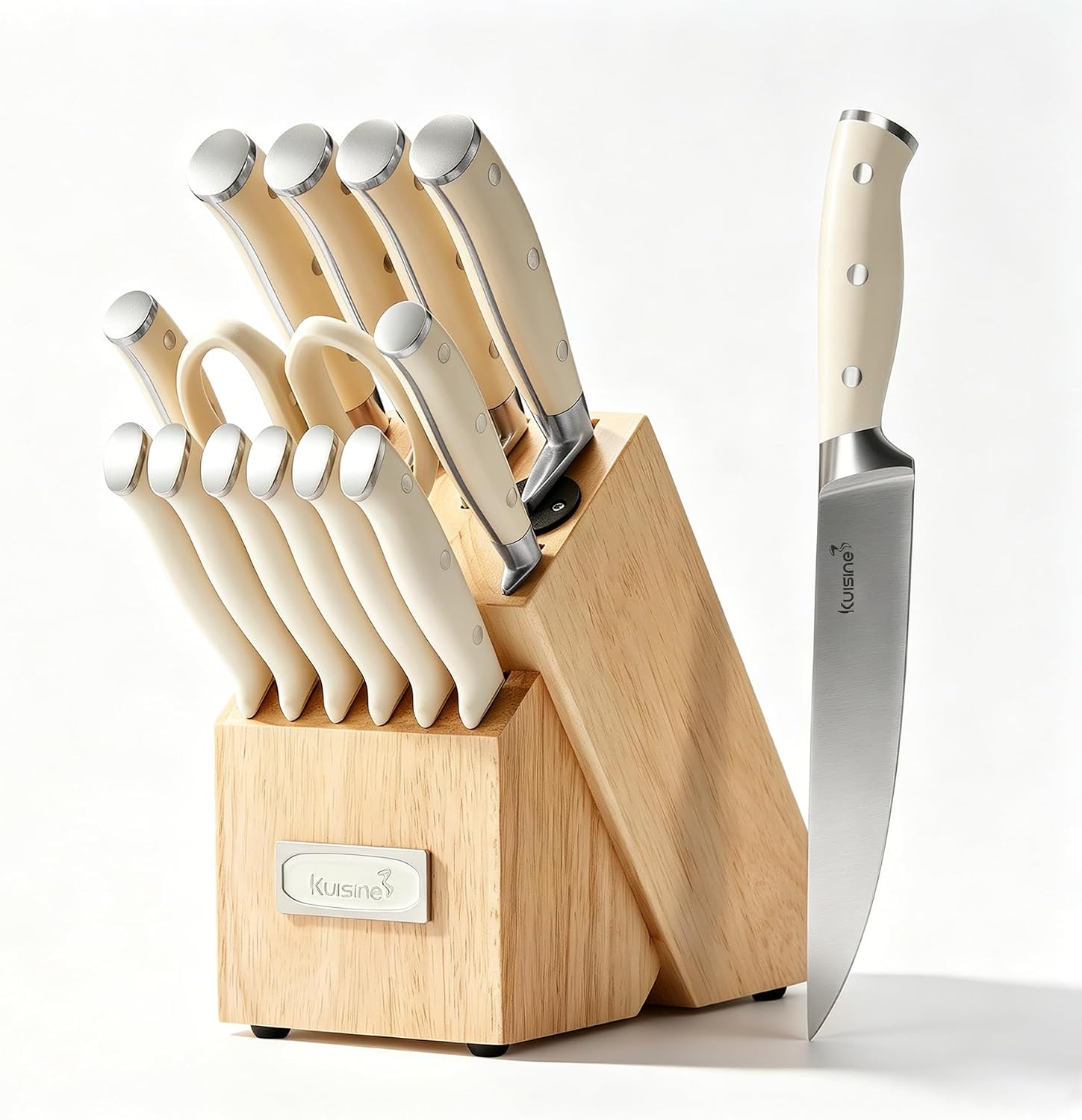 KUISINE Upgraded Knife Set High Carbon Stainless Steel Sharper Blade Ergonomic Handle,Knife Block Set with Built- in Sharpener(Ivory Pro Acacia,15PCS)