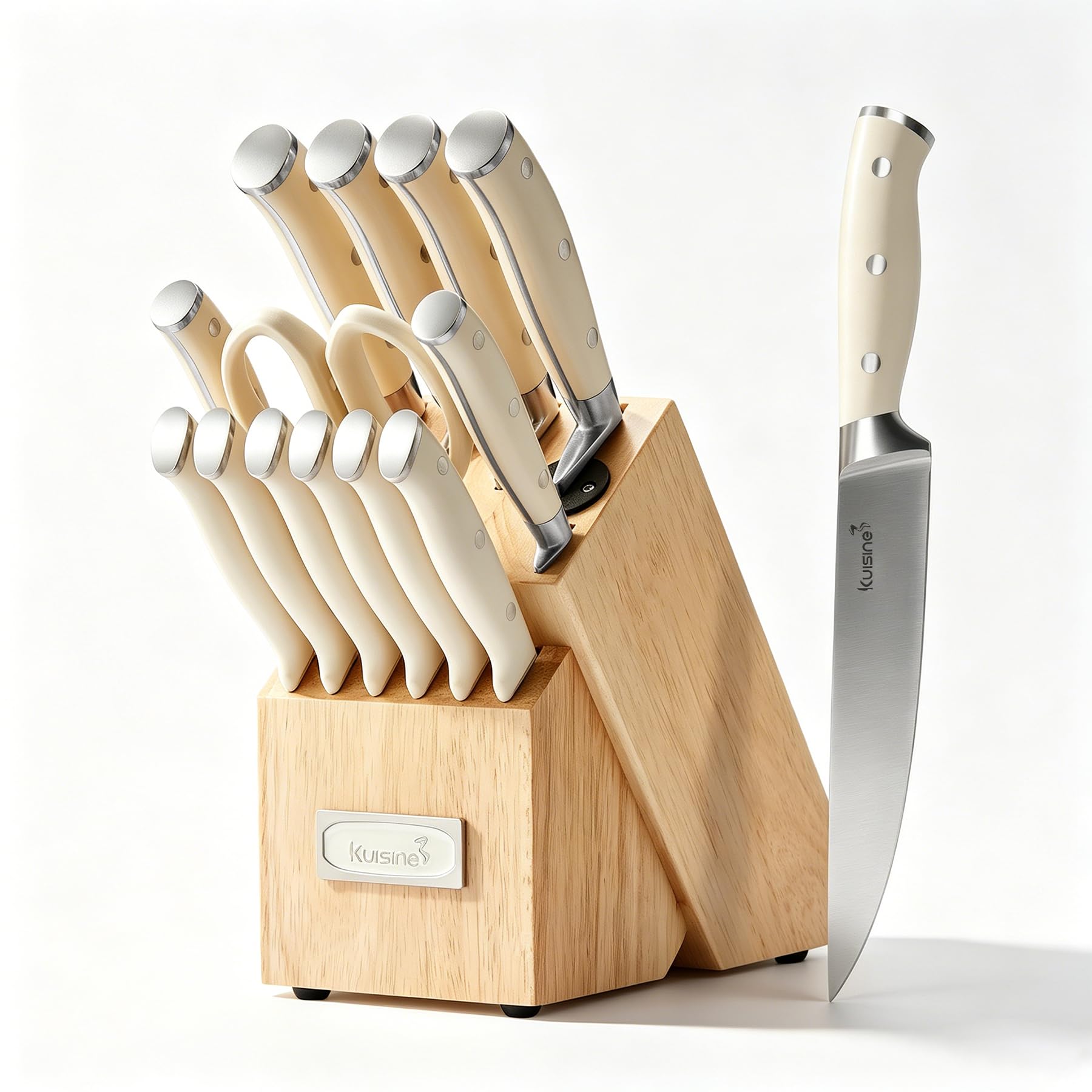 KUISINE Upgraded Knife Set High Carbon Stainless Steel Sharper Blade Ergonomic Handle,Knife Block Set with Built- in Sharpener(Ivory Pro Acacia,15PCS)