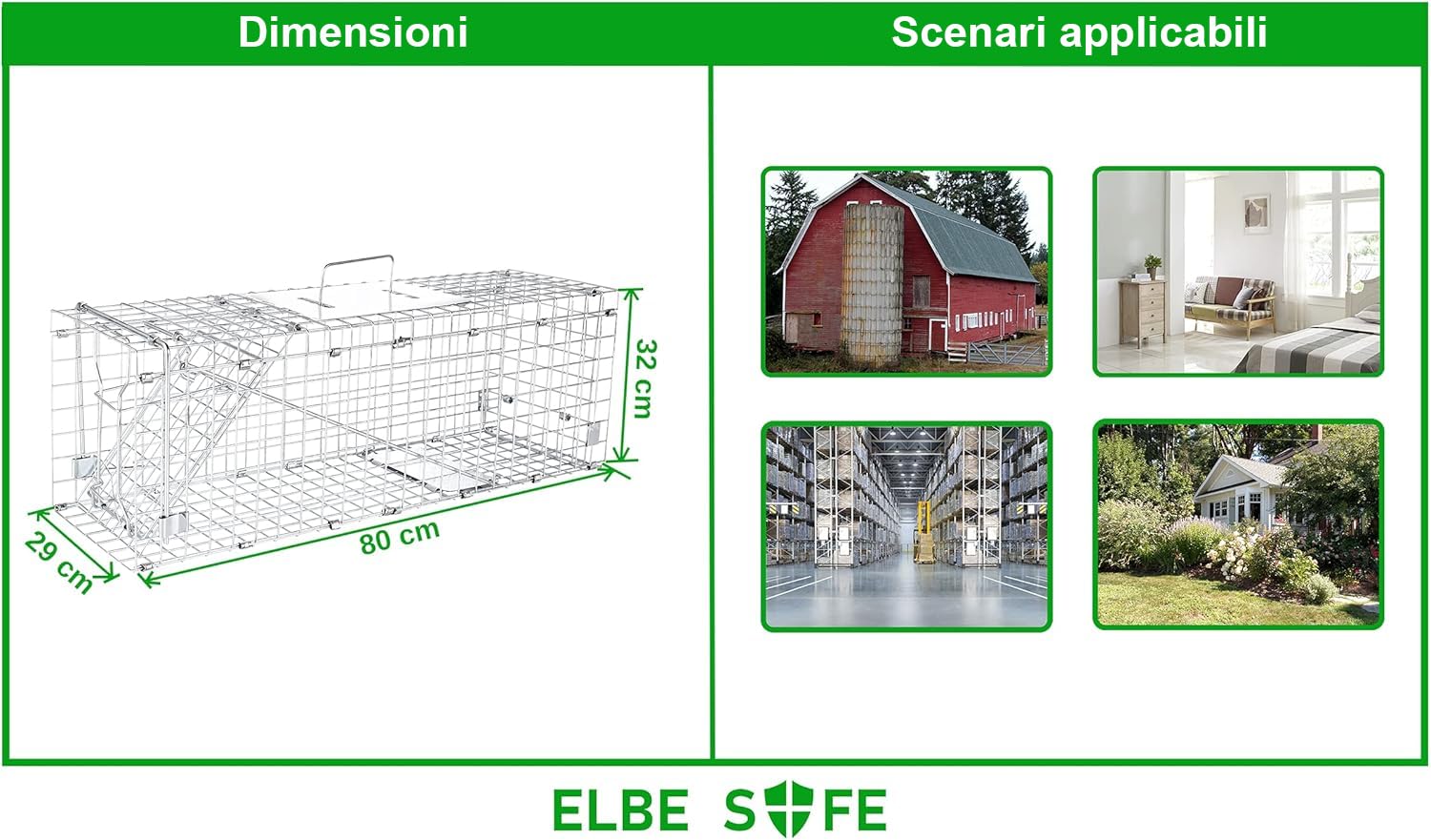 Elbe Safe Gabbia Trappola per Vivi 80 x 29 x 32 cm,Gabbia Grandi, Adatto per uso interno ed esterno