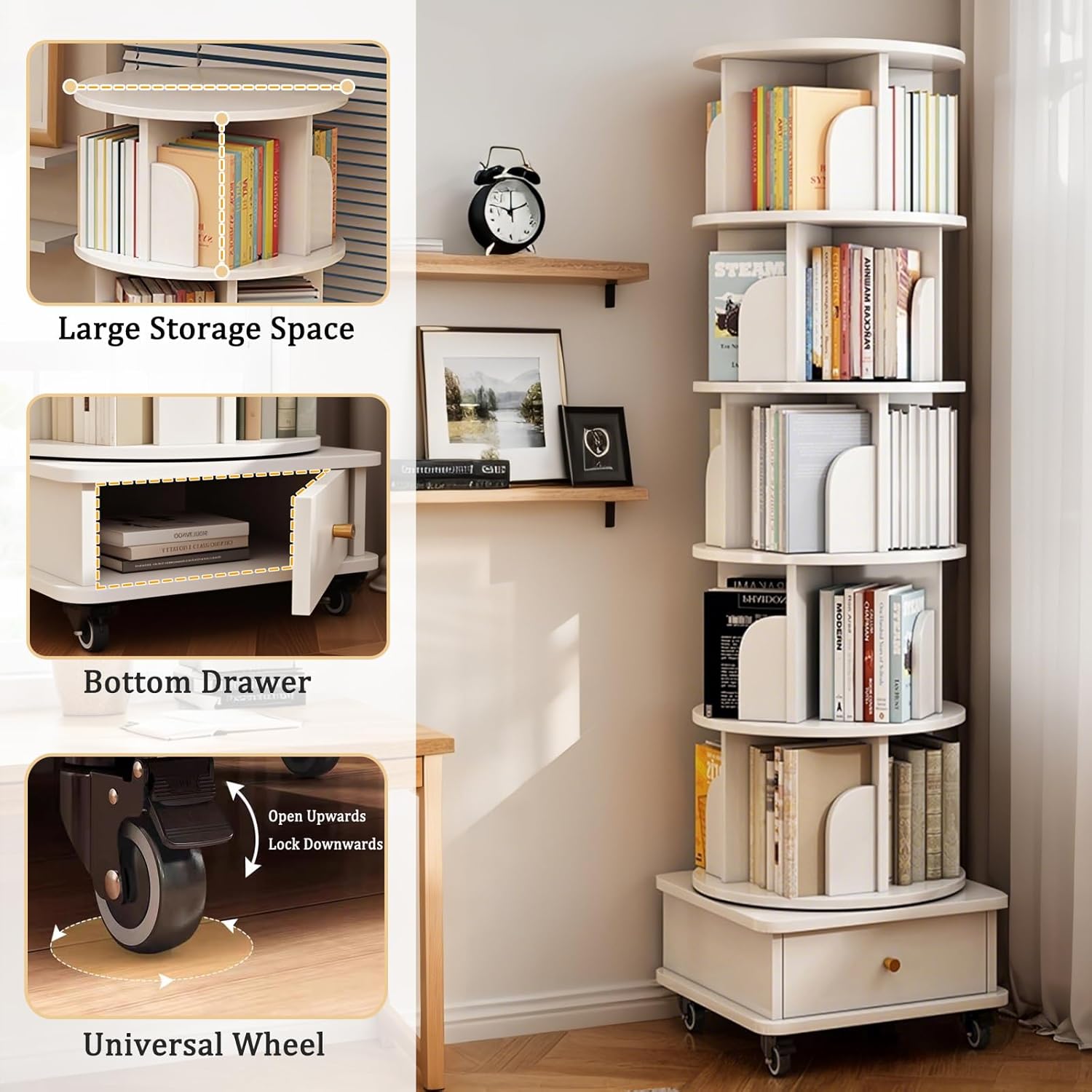 5 Tier Rotating Bookshelf, 360° Display Round Spinning Bookcase, Space-Saving, Small Space Swivel Book Shelves Tower for Bedroom, Living Room