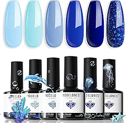 modelones Conjunto de esmaltes em gel azul, 6 cores, azul marinho, céu, gelo, glitter, kit de esmaltes em gel, tons claros a escuros, Soak Off All Seaones, arte em unhas em gel, salão de beleza, manicure faça você mesmo, presente para mulheres e meninas