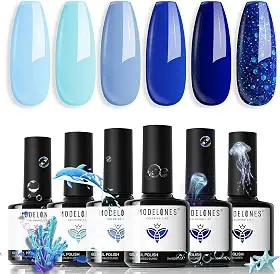 Conjunto de Esmaltes em Gel Modelones, 6 Cores Azuis, Tons Claros a Escuros, para Manicure e Arte em Unhas