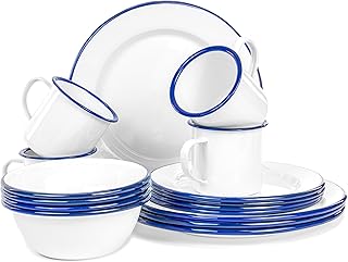 16-Piece Enamelware Metal Dinnerware Set for 4, Solid White/Navy Blue Rim