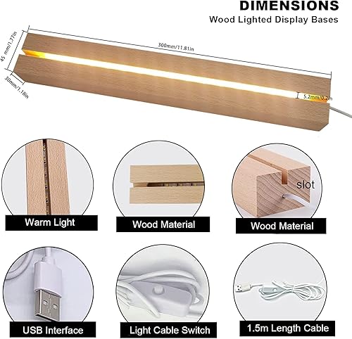 Miniatura 4 de Base de pantalla de luz LED, 2 piezas de base de luz LED de madera de 11.81 pulgadas para acrílico, pedestal de pantalla de madera rectangular, base