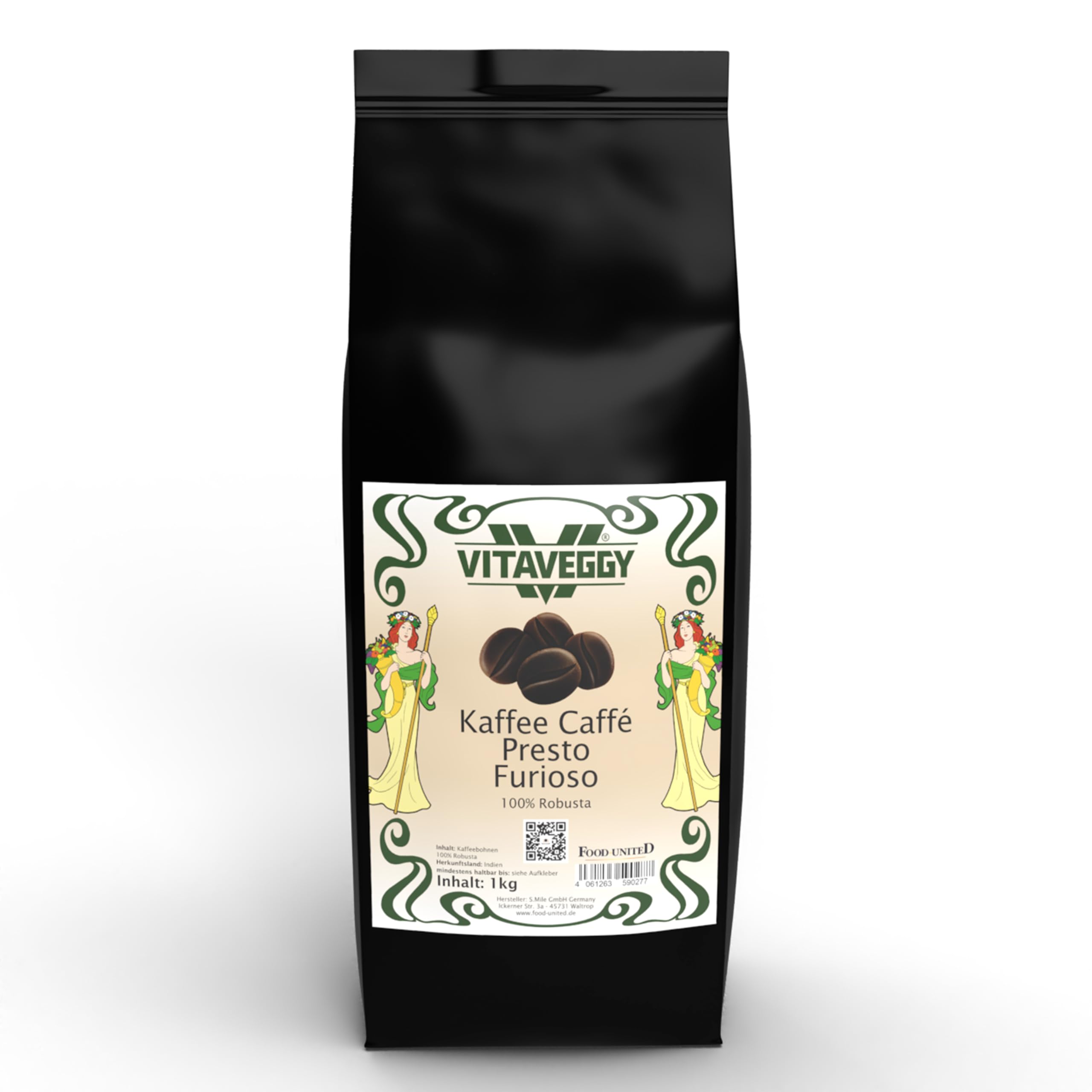 VITAVEGGY 100% ROBUSTA KAFFEEBOHNEN 12x1KG | PRESTO FURIOSO | intensiv geröstet in Deutschland | viel Koffein | Röst-Kaffee-Bohnen aus Kerala Indien | von Food-United | für starken Espresso (12)