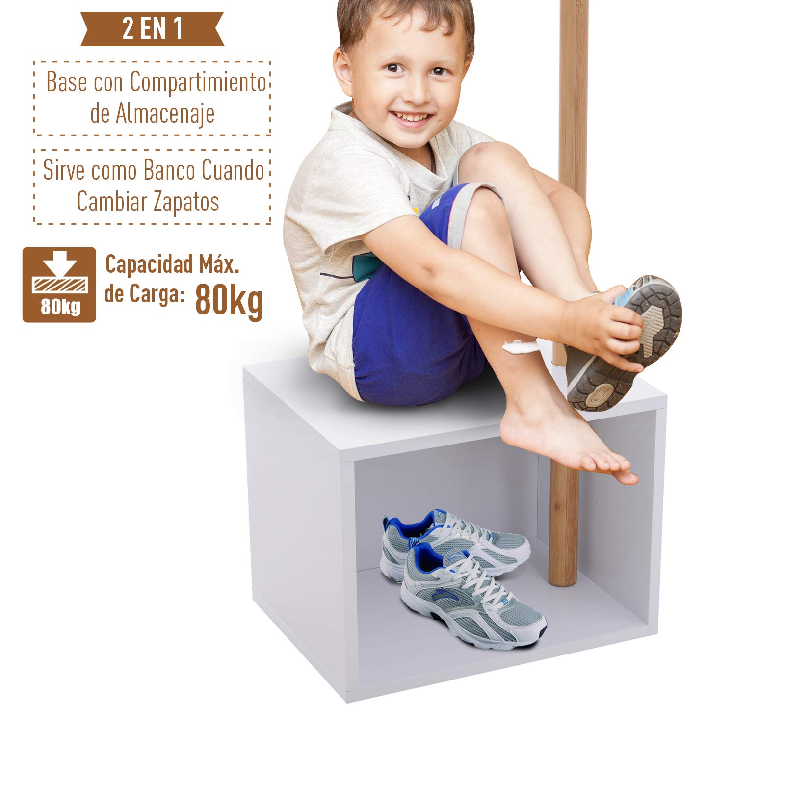 HOMCOM Perchero de Pie Zapatero Tipo Árbol Moderno 6 Ganchos 40x30x180cm | Colgador, para Colgar Ropa Bolsa, Banco con Almacenamiento, Pasillo Entrada, Bambú y MDF