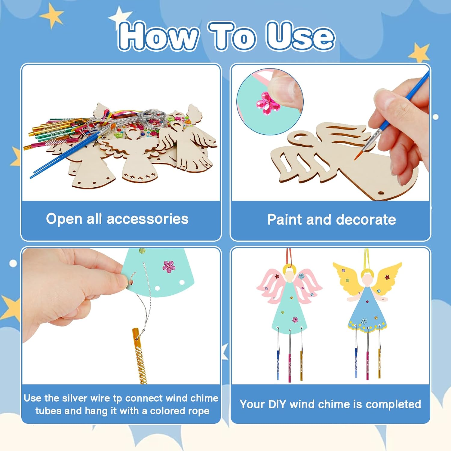 Fennoral 9 Pack Angel Wind Chime Kits for Kids Make You Own Angel Wind Chimes DIY Wooden Crafts to Paint for Art Activities Christmas Tree Hanging Ornaments Christmas Decoration image 3