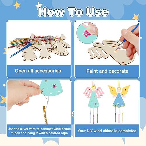 Miniatura 3 de Fennoral Paquete de 9 carillones de viento de ángel para niños, campanillas de viento de ángel, manualidades de madera para pintar para actividades