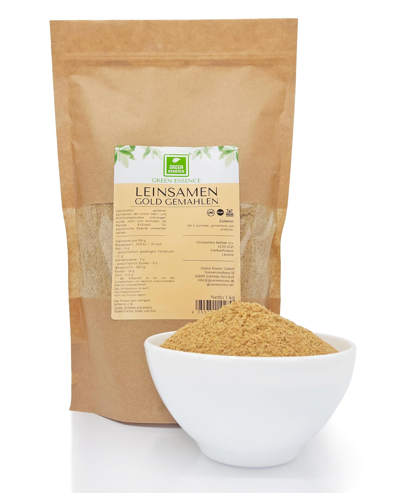 Leinsamen geschrotet 10kg Goldleinsamen gemahlen Mehl von Green Essence