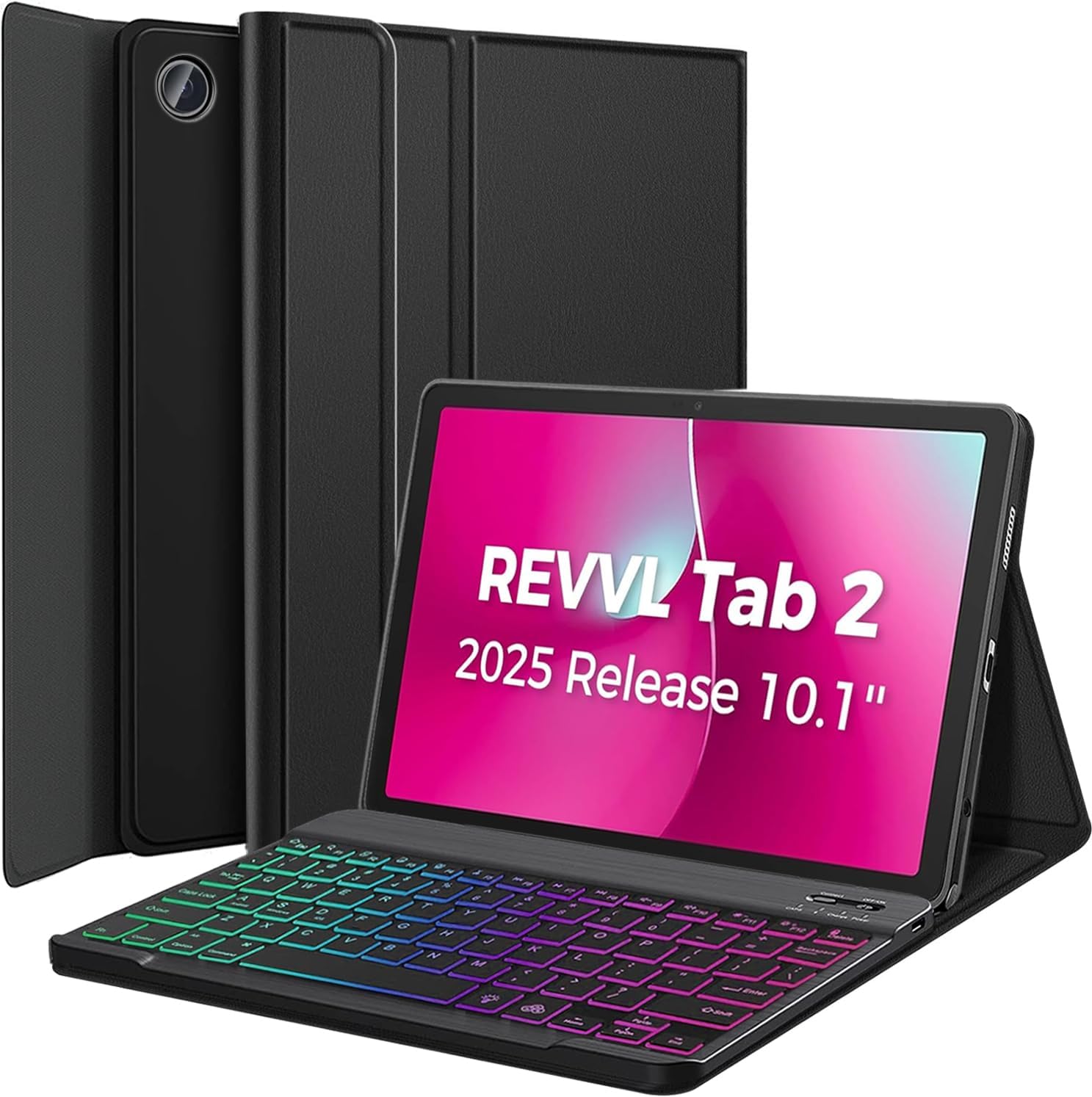 Case with Backlit Keyboard for T-Mobile REVVL Tab 2 Tablet 10.1 Inch 2025 Released, Slim PU Stand Cover with 7 Color Rainbow Backlight Magnetically Detachable Bluetooth Keyboard (Black)