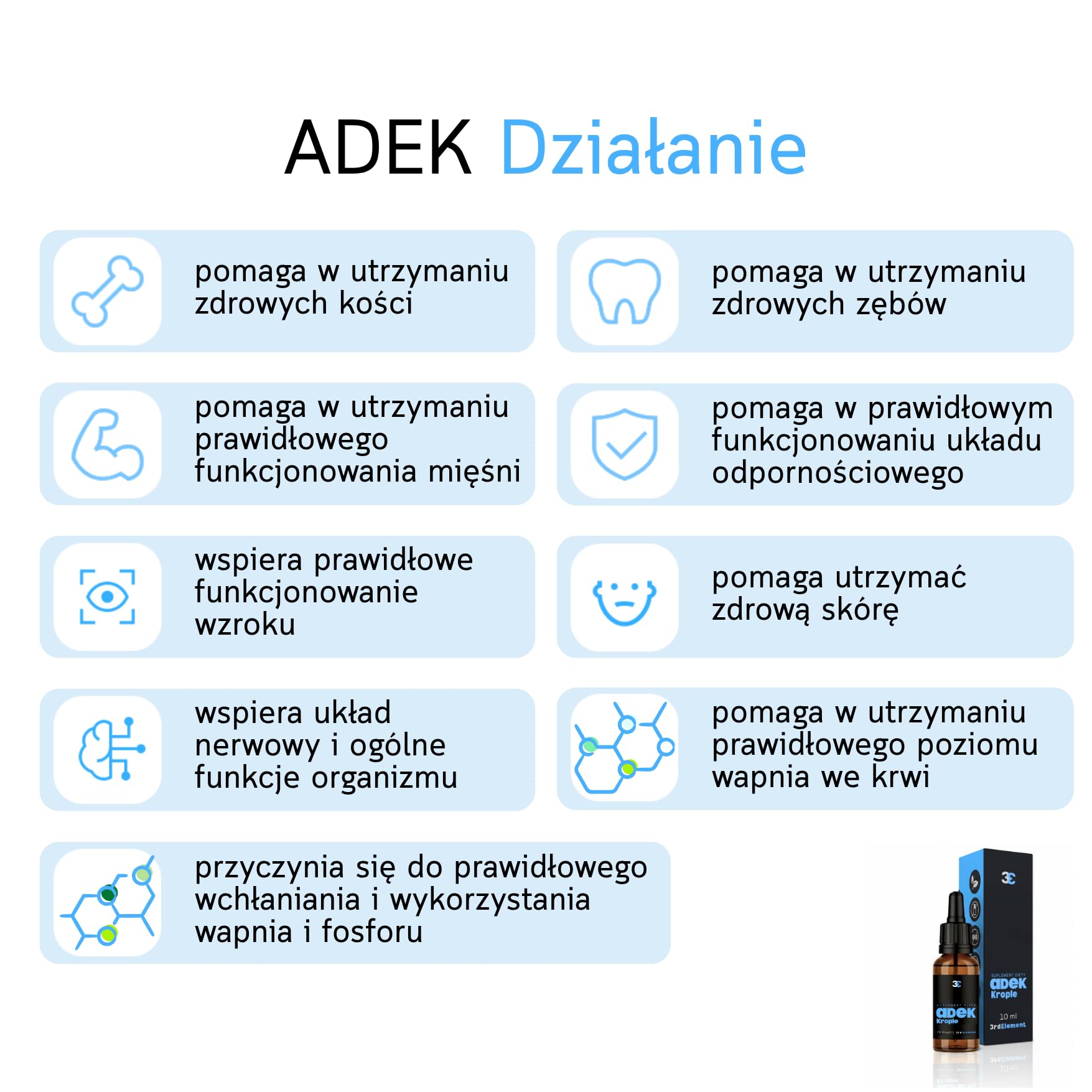 Witaminy ADEK w kroplach 10 ml | Wegańska formuła | Wspiera odporność, wzrok, skórę i kości | 3rd Element Nutrition