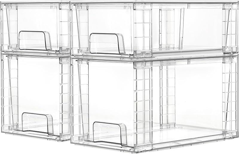 Vtopmart Clear Stackable Storage Drawers, 4 Pack Kitchen Cabinet Set | Medium and Small Pull-Out PET Drawers with Stackable Design for Kitchen Cabinets, Pantry, Under Sink, Medicine