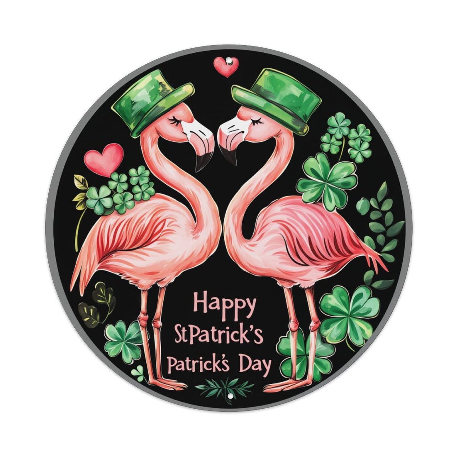 Flamingos With Hats And Clovers Round Tin Sign Vintage Metal Poster, Home Bar Garage Man Cave Cafe Indoor & Outdoor Wall Decoration 8x8Inches