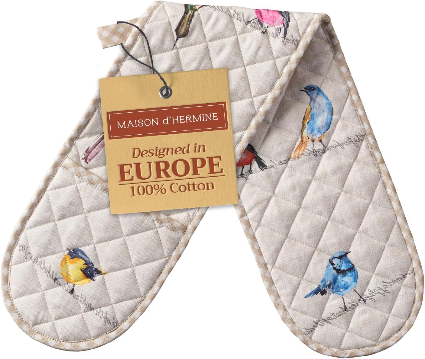 Maison d' Hermine Double Oven Mitts 100% Cotton 7"x35" Double Oven Mitt Heat Resistant BBQ Cooking Gloves with Loop Baking Grilling Gifts for Mothers Day Spring Summer (Birdies on Wire)