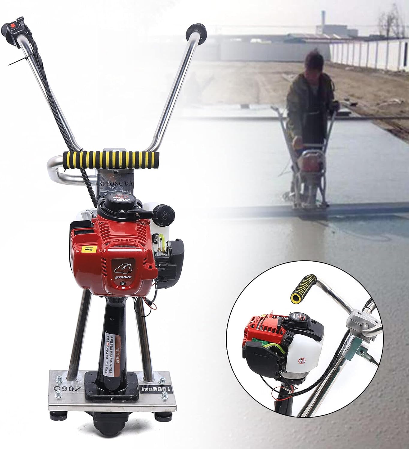 Eapmic Gas Powered Concrete Screed Engine, 4-Stroke 1.2HP 35.8CC Concrete Wet Screed Machine Heavy Duty Stainless Steel Frame Concrete Surface Finishing Vibra Tool Without Leveling Board
