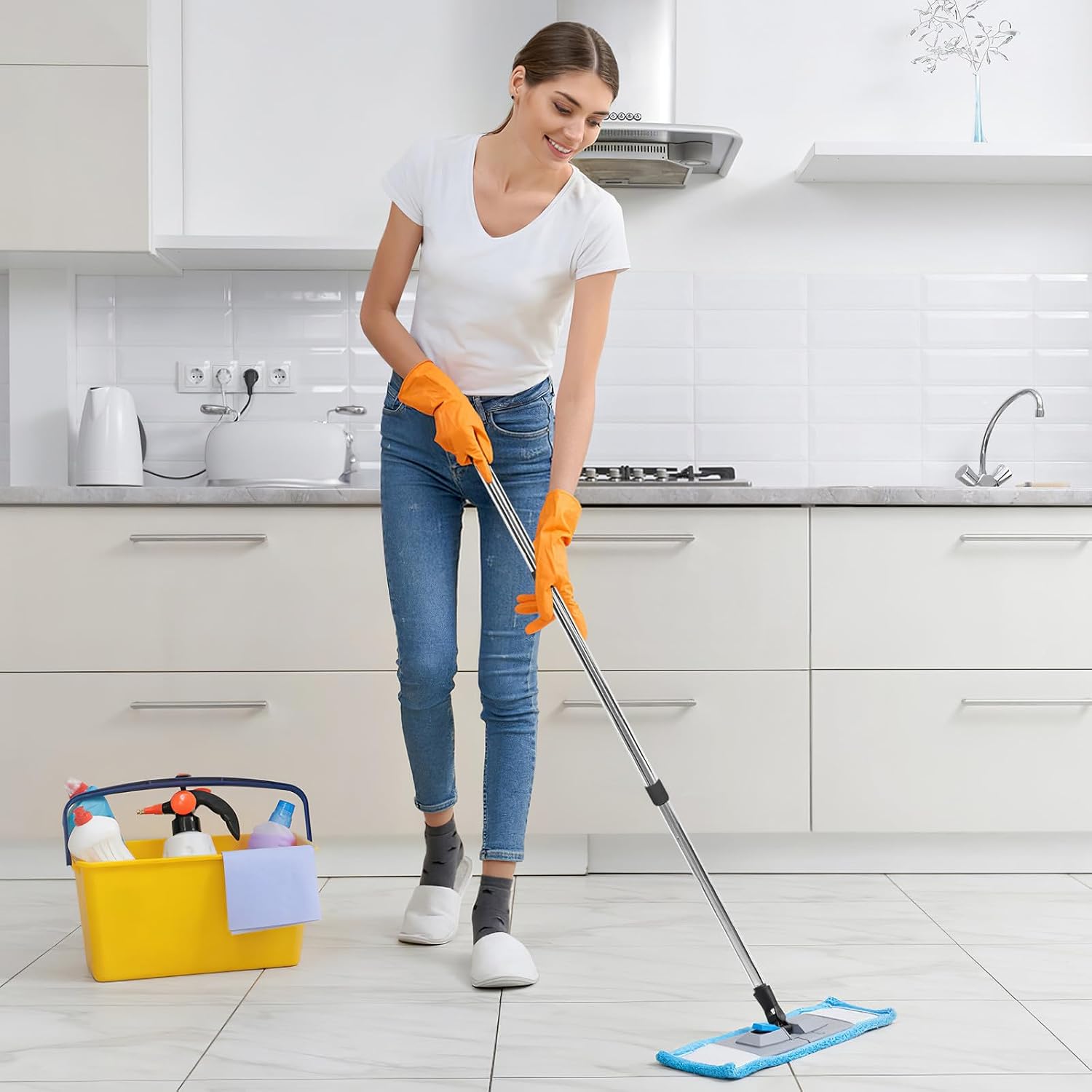 Universal Threaded Stainless Steel Mop Handle, Three-Section Heavy Duty Rod with Protective Cover, American and German Threading Compatible for Household and Commercial Cleaning