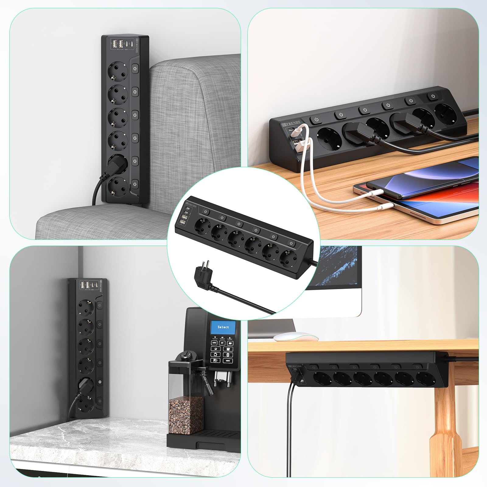 Listwa zasilająca z 2 gniazdami USB i 2 typami C, 6 gniazdek wielokrotnych z pojedynczym przełącznikiem, listwa zasilająca z przedłużaczem 2 m, do biurka, narożniki, kolor czarny