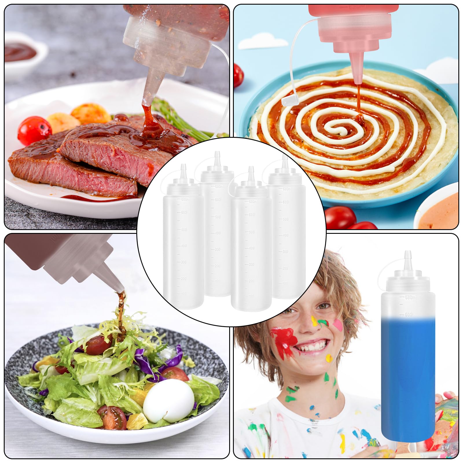 4 Pezzi Bottiglia Squeeze di Plastica 680 ML/24oz,Trasparente Biberon da Cucina con 2pcs spazzola di pulizia e 10pcs adesivi,Squeeze Bottle per Ketchup,Salse,Olio d'oliva