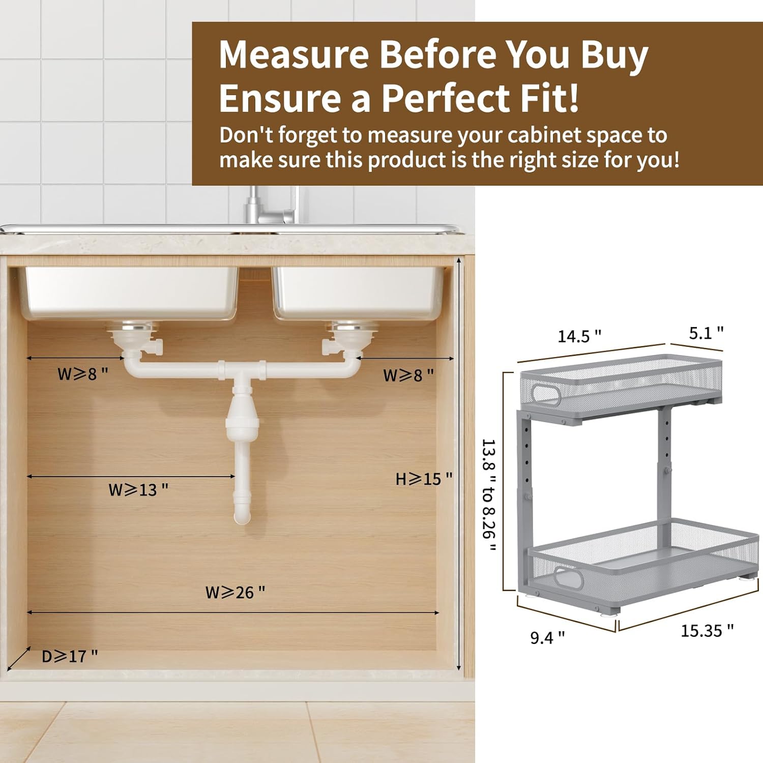 Under Sink Organizer 1 Pack, 2-Tier Slide Out Cabinet Organizer with Metal Sliding Drawer and Hooks, Pull Out Storage Baskets for Kitchen Bathroom Pantry Cabinet Organization (Gray (1 pack))
