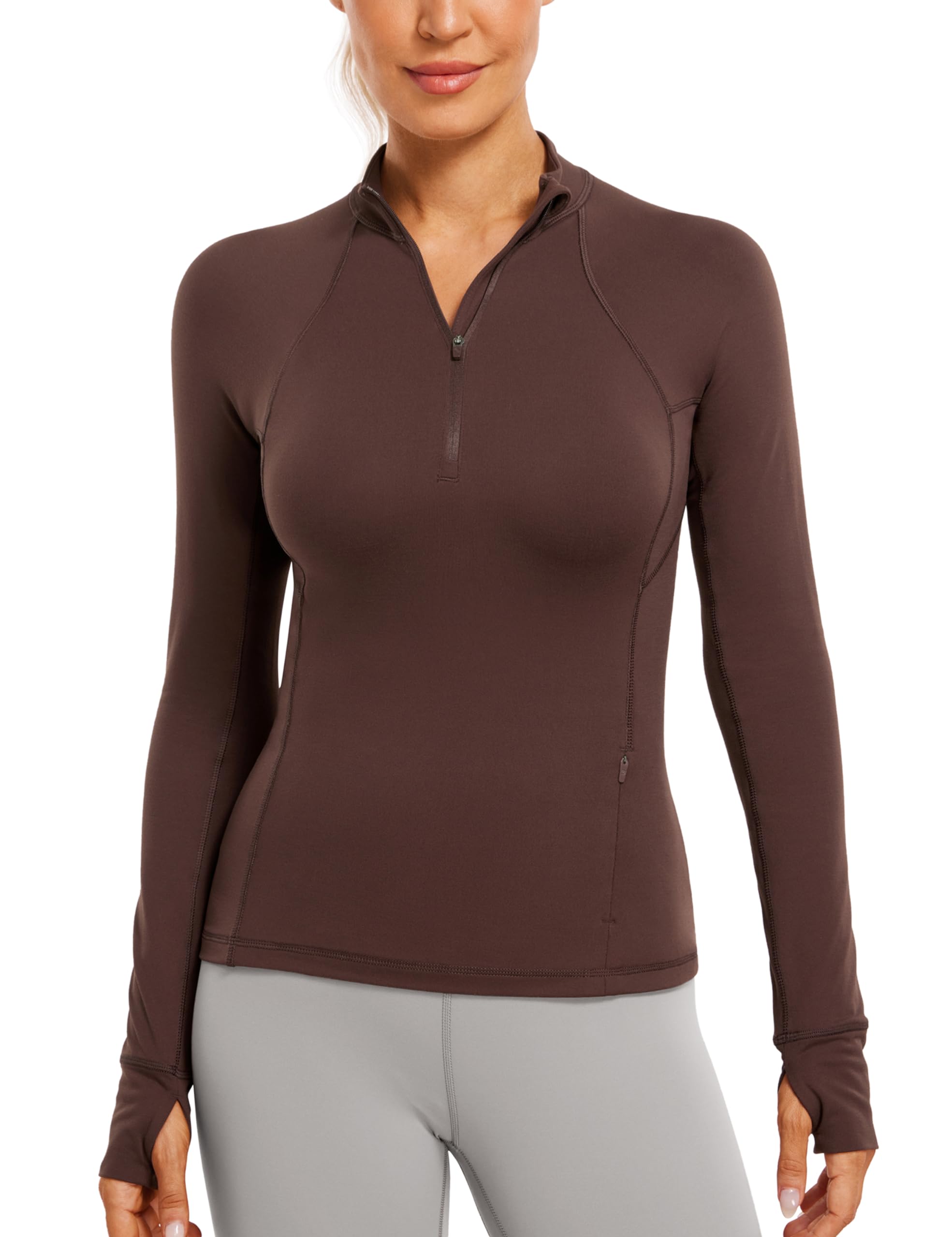 Womens Half Zip Long Sleeve Pullover Shirts Slim Fit Workout Yoga Athletic Tops with Thumbholes-image-15