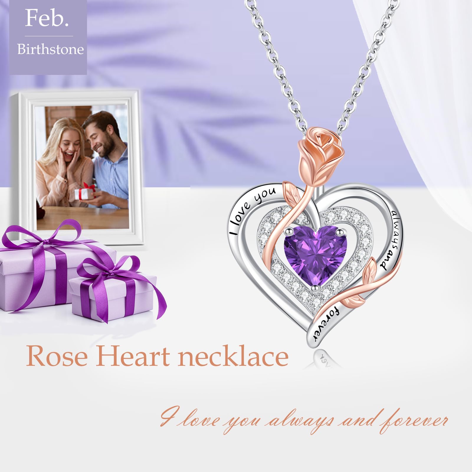 LAVUMO Collana Donna Argento 925 Ciondolo Doppio Cuore Fiore Rosa, Gioielli Donna Pietre Portafortuna, Regalo Donne Compleanno San Valentino Festa Della Mamma Regali