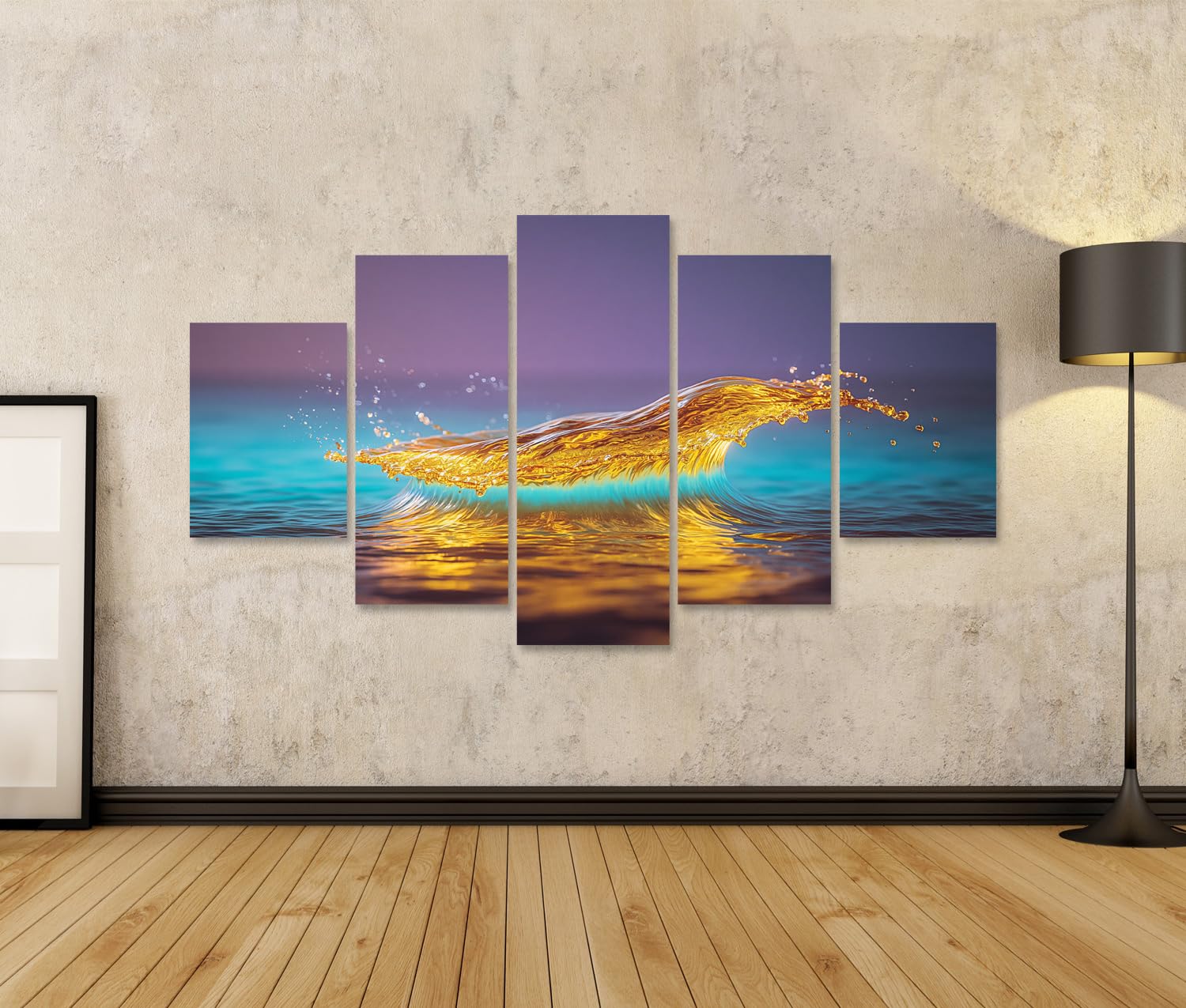 islandburner Bild auf Leinwand Faszinierender Goldener Flüssigkeitsspritzer Kunstdruck Wohnzimmer Für Kunstliebhaber - 5-teilig